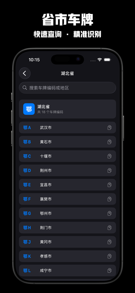 车牌号查询 - 车牌号码查询归属地车牌属地信息查询 - License plate lookup app interface displaying city prefixes for Hubei province