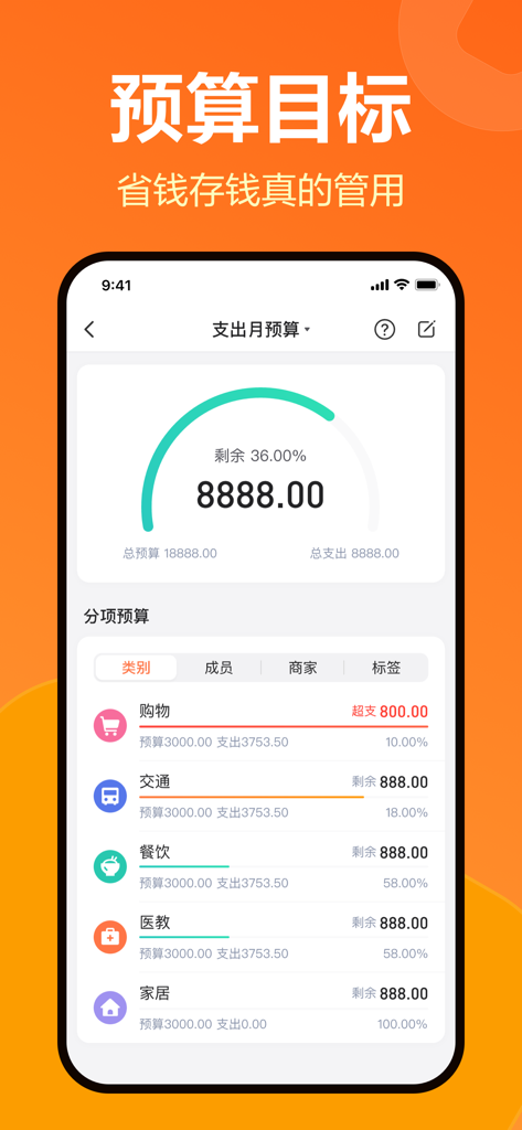 Wacai app budget planning screen showing monthly spending progress and expense categories.
