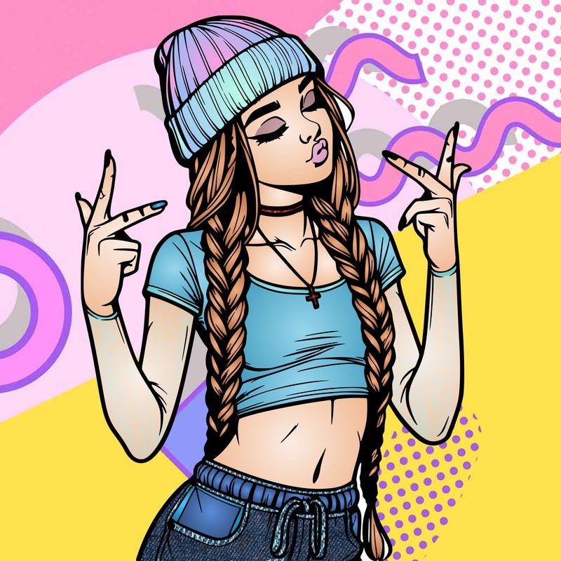 realistic teenage girl with braids and a beanie and crop top doing 🫶🏼