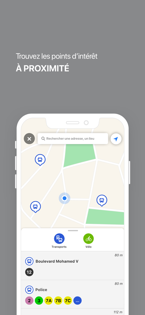 Casatramway - Map interface of the Casatramway app showing nearby transit lines and bike stations in Casablanca