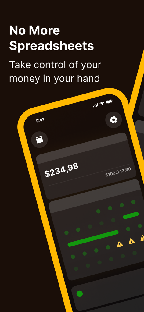 Moni - Budget Planner - Aplicación Moni Budget Planner mostrando balance financiero y rastreo de gastos en una interfaz oscura