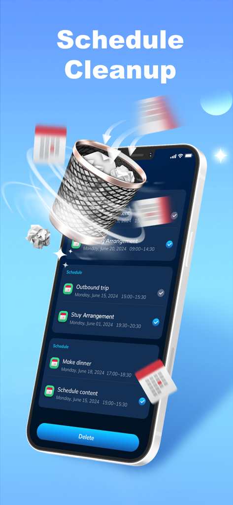 Daily Cleaner - Daily Cleaner mobile app interface showing a schedule cleanup feature to delete old calendar events and free up space.