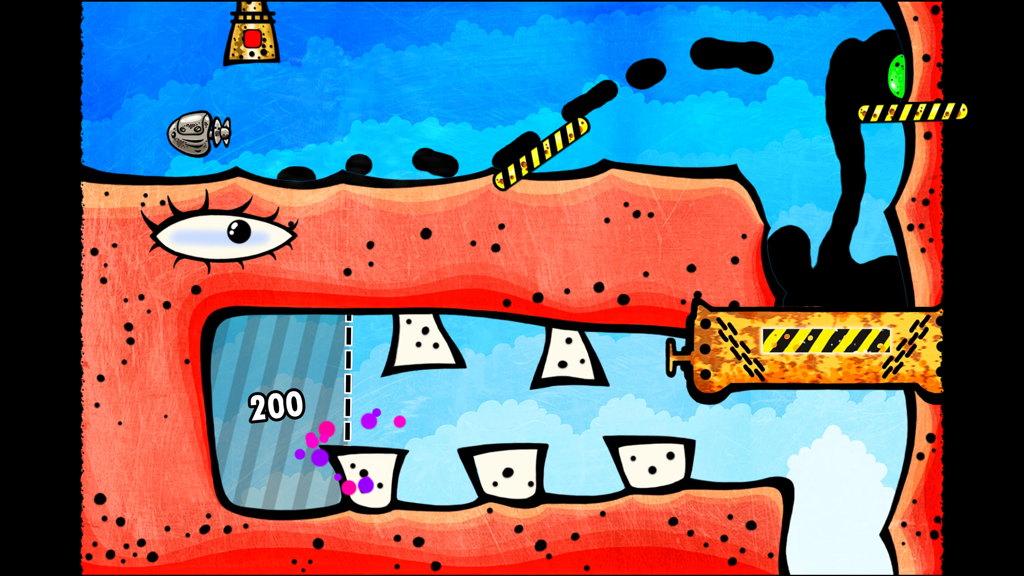 Feed Me Oil - A surreal physics puzzle level in Feed Me Oil showing oil droplets flowing toward a giant red creature's mouth