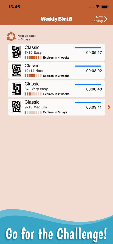 Nurikabe: Islands & Walls - Lista de rompecabezas de bonificación semanal en Nurikabe que muestra niveles de dificultad y tiempos de resolución