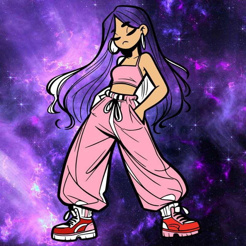 girl in baggy pants crop top and long hair