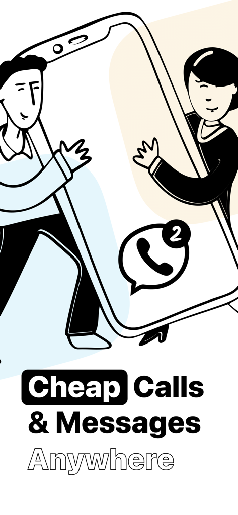 Text ON: Call Now Second Phone - Una ilustración de dos personas sosteniendo un gran smartphone con el texto Cheap Calls and Messages Anywhere para la aplicación Text ON.