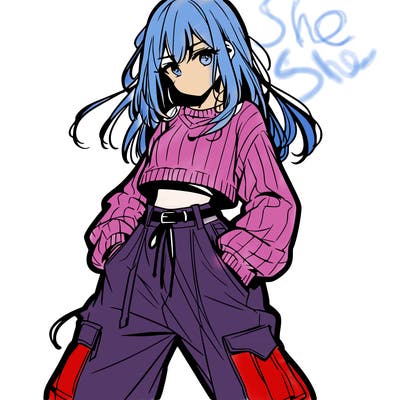 anime teen girl with baggy pants and crop top with sweater