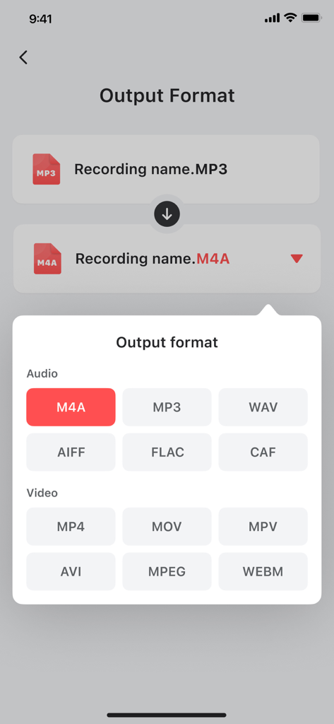 Interface of Voice Recorder app showing audio and video output format conversion options