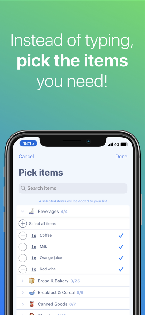 Capture d'écran de l'application Grocery List montrant une sélection d'articles suggérés catégorisés par type tels que boissons et boulangerie.