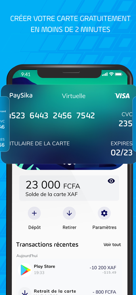 PaySika mobile app interface displaying a virtual Visa card and recent transactions