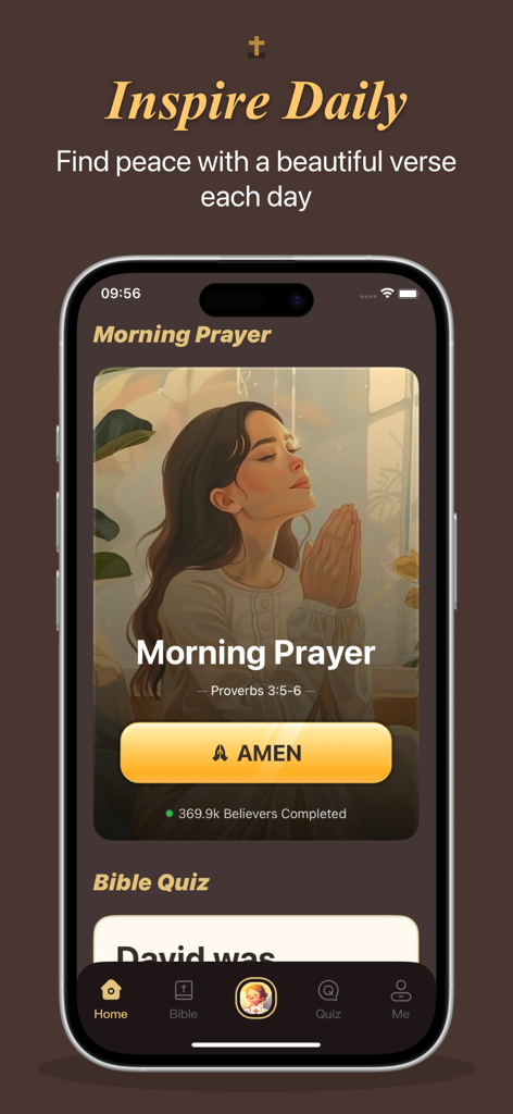 Women's Bible: Verse & Prayer - Women's Bible app interface showing the Morning Prayer feature with an illustration of a woman in prayer.