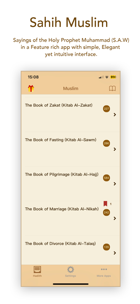 Al Muslim (Sahih Muslim) - Interface do aplicativo Al Muslim mostrando uma lista de capítulos de hadith, incluindo o Livro do Zakat e do Jejum.