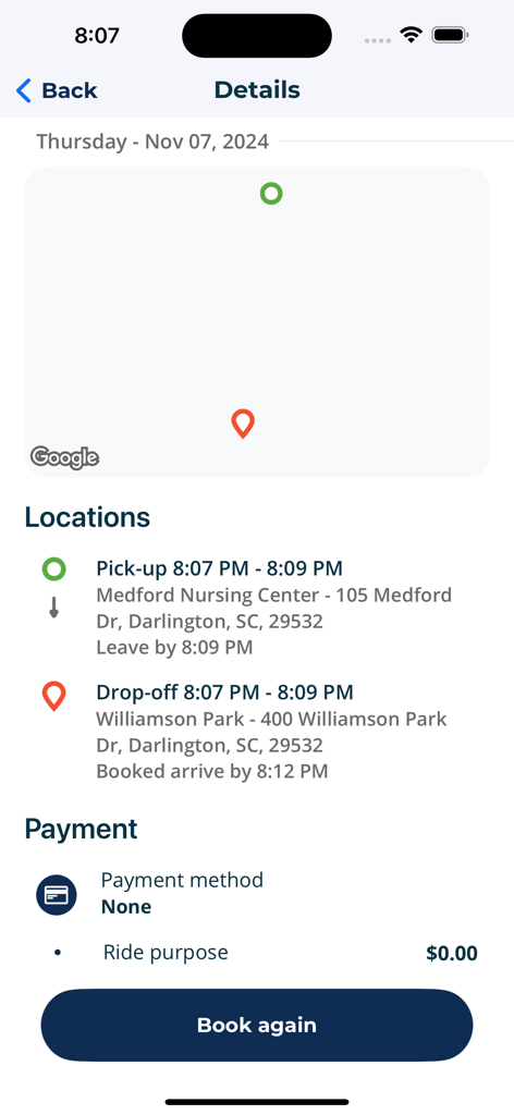 Riverside Connect - Trip details screen in the Riverside Connect app showing pickup and drop off locations with a map and book again button.