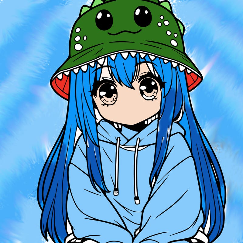 girl with anime shaped eyes with a dinosaur bucket hat oversized sweatshirt long straight hair