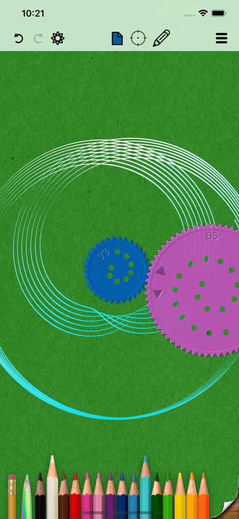 Überdoodle - Una interfaz de espirógrafo digital que muestra patrones de espirales geométricas con engranajes coloridos y lápices sobre un fondo verde