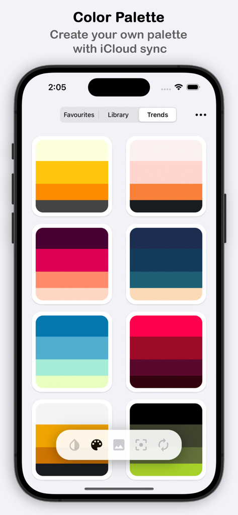 iPhone screen displaying trending color palettes in the Color Name Identifier and Finder app