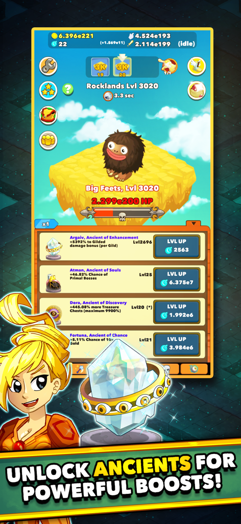 Gameplay screenshot of Clicker Heroes showing the menu to unlock and upgrade Ancients for powerful boosts.