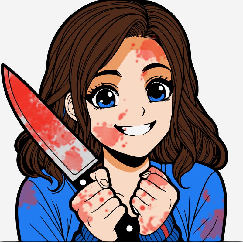 a realistic girl holding a knife and grinning