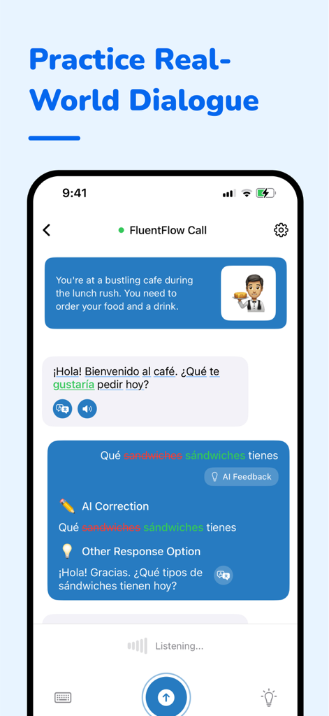 FluentFlow - Interfaz de la aplicación FluentFlow que muestra una simulación de diálogo en español del mundo real con comentarios y correcciones de IA.