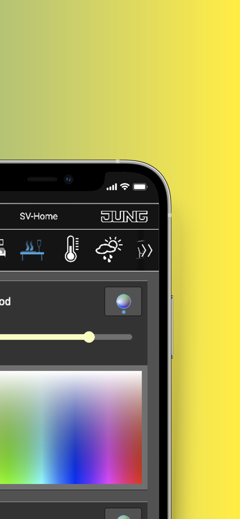 Smart Visu Server - JUNG Smart Visu Serverアプリのインターフェースに、照明の色コントロールとホームオートメーションアイコンが表示されています