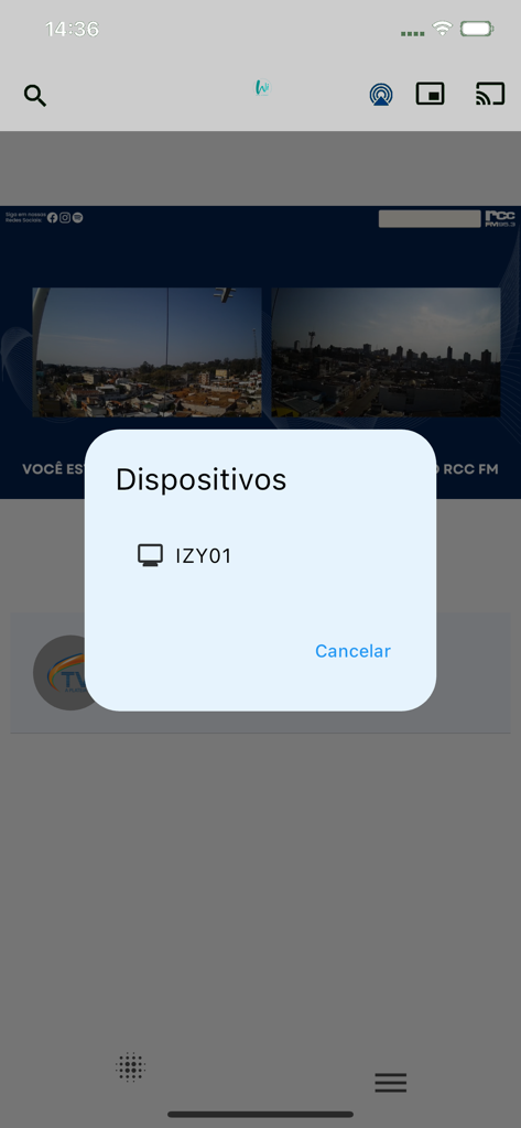 WiTV play - Un menu contextuel dans l'application WiTV play intitulé Dispositivos montrant une liste d'appareils de diffusion disponibles et un bouton Annuler