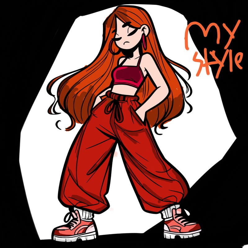 girl in baggy pants crop top and long hair