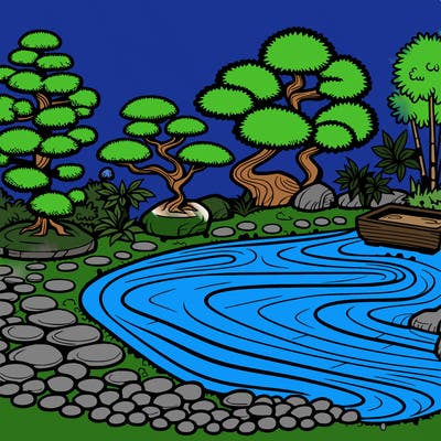 a serene zen garden with raked gravel, bonsai trees, and tranquil ponds