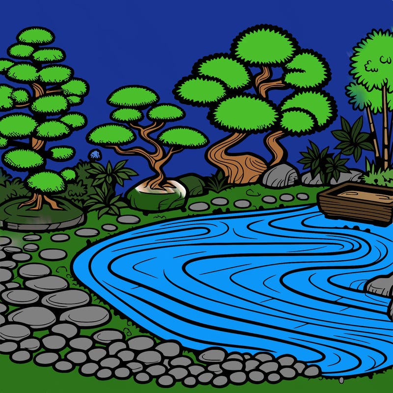 a serene zen garden with raked gravel, bonsai trees, and tranquil ponds