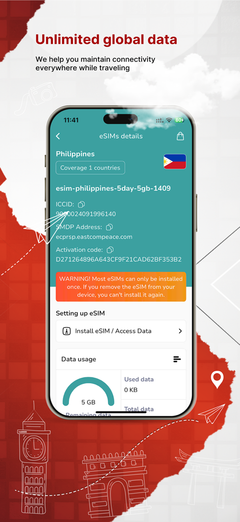 eSIM Travel & Internet Global - Interface montrant les détails d'activation de l'eSIM et le suivi de l'utilisation des données pour les voyages internationaux.