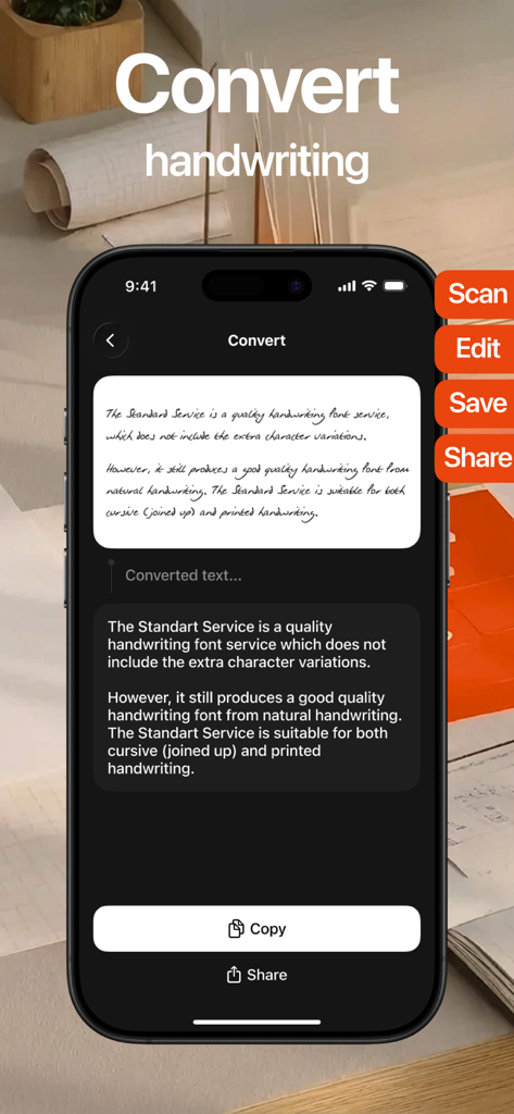 Lens - PDF Scanner and Editor - 手書き文字をデジタルテキストに変換するLensアプリが表示されたスマートフォンの画面