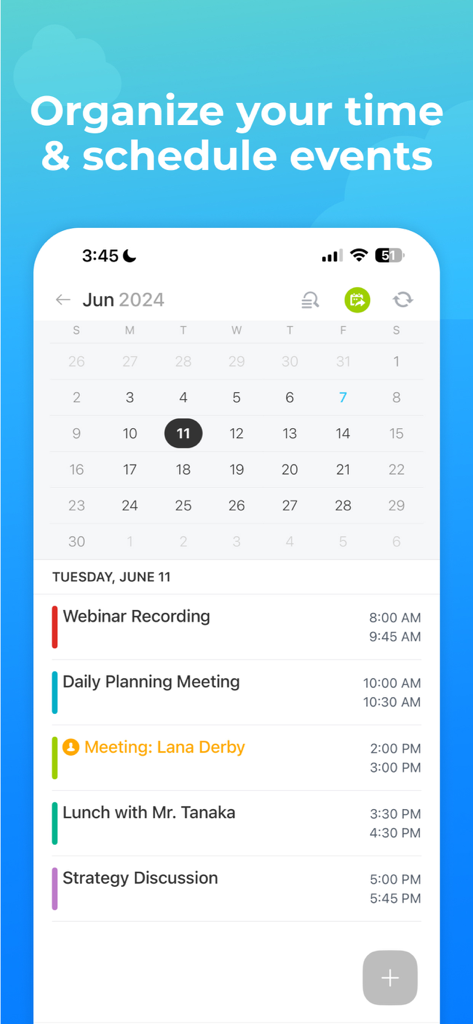 Vista de calendario de la aplicación móvil Bitrix24 mostrando reuniones de negocios programadas y eventos diarios