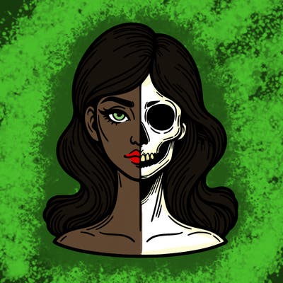 bust of a woman, half face and hair, half skull