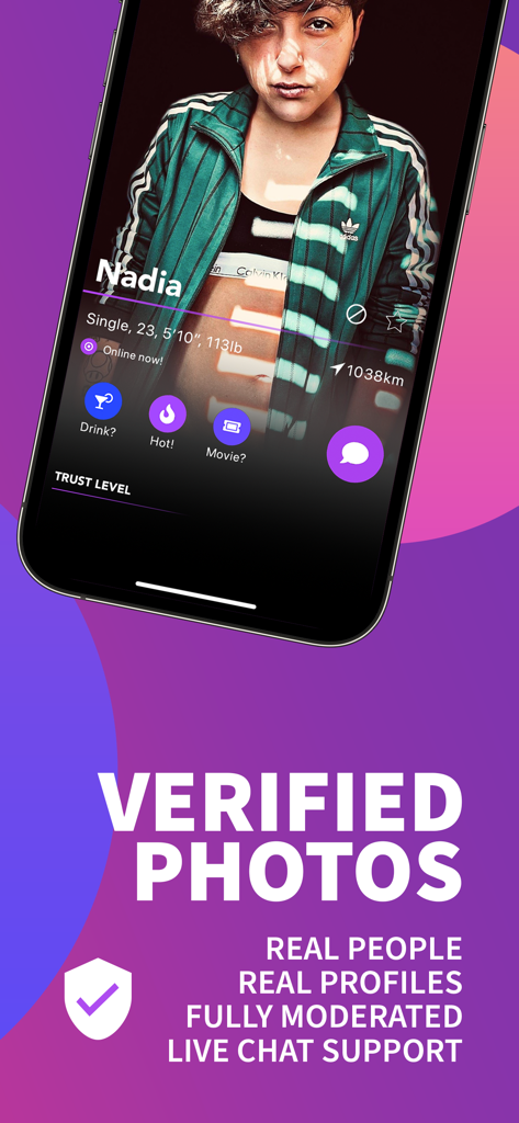 Wapa: Lesbian Dating & Chat - Smartphone screen showing a verified user profile on the Wapa dating app with text emphasizing real profiles and human moderation.