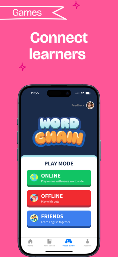 Pantalla del juego Word Chain en la aplicación 4English con modos de juego multijugador y sin conexión