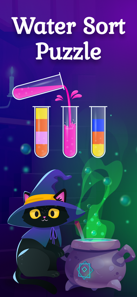 Water Sort Puzzle: Color Match - Pantalla del juego Water Sort Puzzle con un gato mago y tubos de líquido de colores