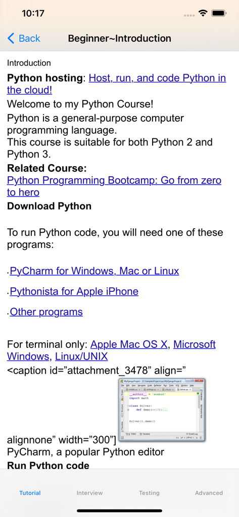 Módulo de introdução para iniciantes no aplicativo móvel Tutorial de Python.