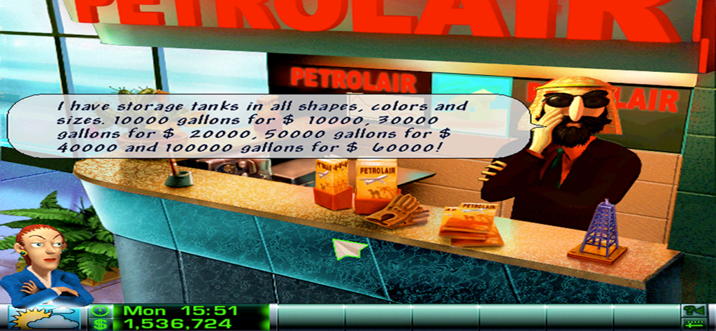 Airline Tycoon Deluxe - A character selling fuel storage tanks at the Petrolair desk in Airline Tycoon Deluxe