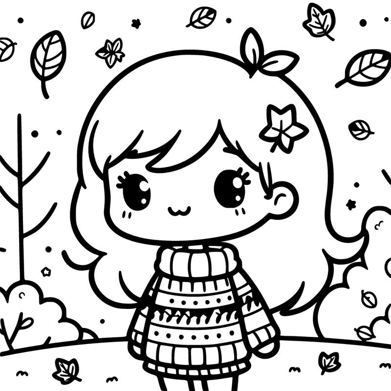 cute fall girl with sweater and leaves falling behind her and trees