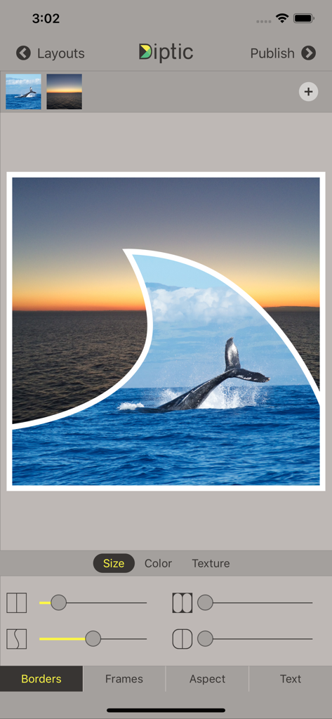 Diptic app interface featuring a custom photo collage with a whale in a fin-shaped frame and border adjustment sliders