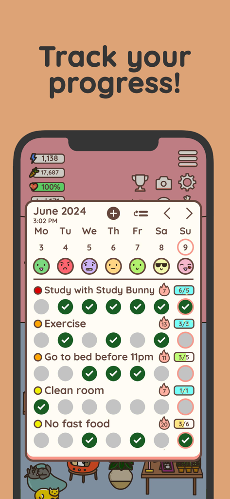 Habit Rabbit: Habit Tracker - Habit Rabbit app screen displaying a weekly calendar for tracking habits and daily moods with cute emojis