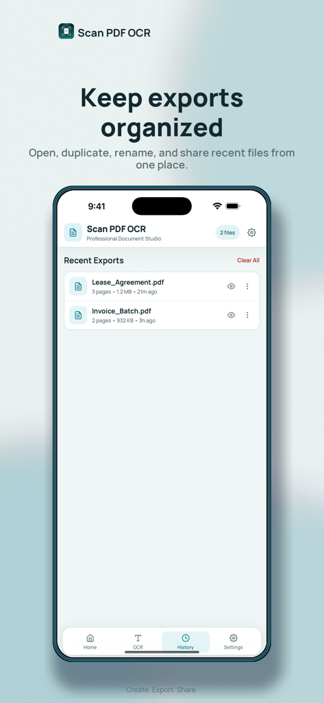 Scan PDF: OCR & Doc Scanner - A smartphone screen showing the organized recent exports history in the Scan PDF OCR app