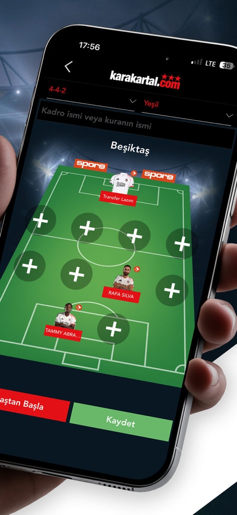 Eine mobile App-Oberfläche, die einen Fußballmannschaftsaufstellungs-Builder für Besiktas JK-Fans zeigt