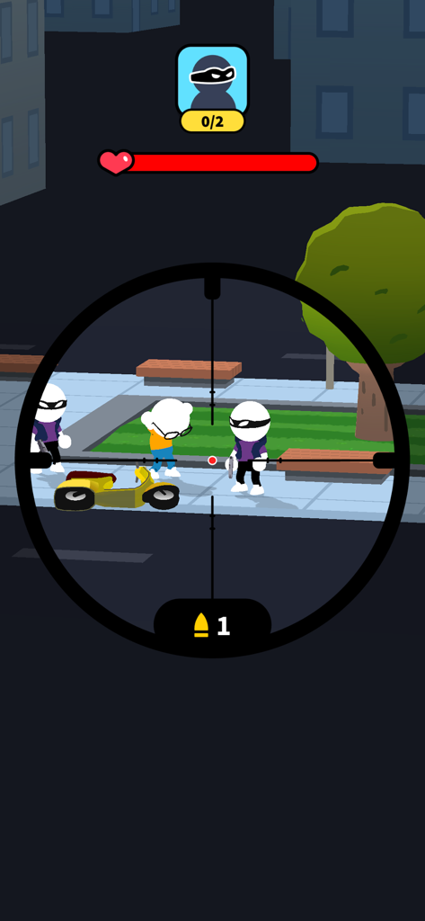 Sniper scope view targeting bandits in a park setting in Johnny Trigger Sniper
