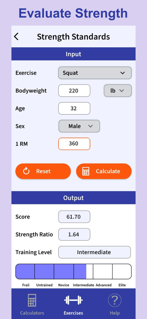 Strength standards calculator in the ExRx.net Workout Tools app assessing a squat exercise as intermediate level