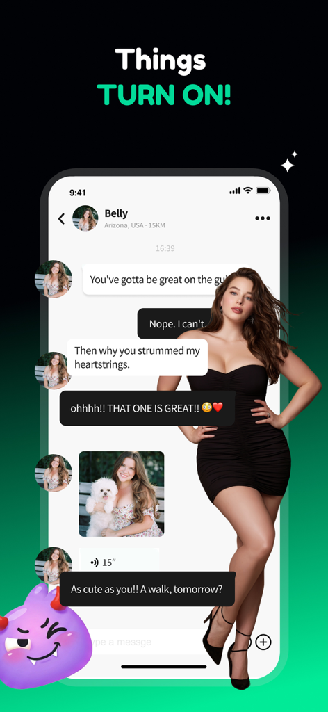 Bustr BBWデーティングアプリのチャット画面。カービーな女性が登場