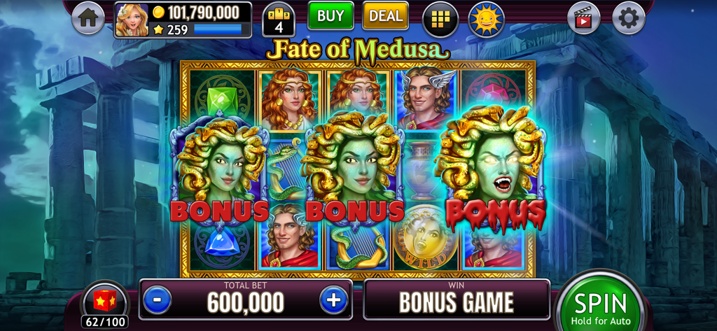 Slots of Luck Vegas Casino - Jeu de la machine à sous Fate of Medusa avec trois symboles bonus sur les rouleaux