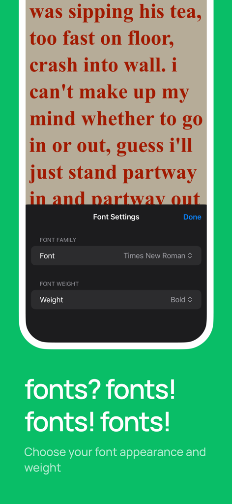 Prompt Pro: Easy Teleprompter - Interface do aplicativo teleprompter Prompt Pro mostrando configurações de família e peso de fonte personalizados para roteiros.
