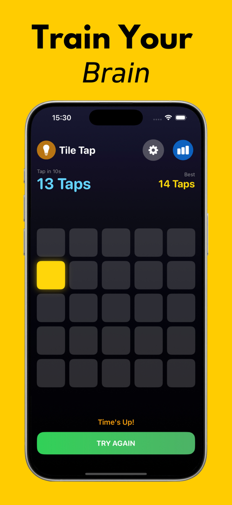 A screenshot of the Tile Tap reflex game mode in the Reactz app featuring a grid of tiles and performance stats.