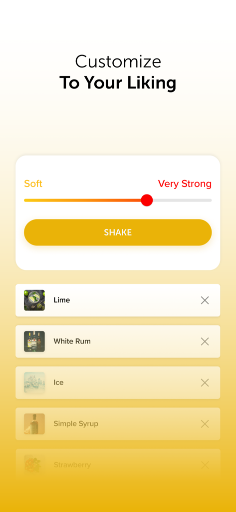 Mixology - Bartender App - Interfaccia per personalizzare la gradazione del cocktail da leggera a molto forte con un elenco di ingredienti come rum bianco e lime.