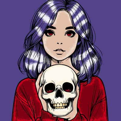 realistic girl holding a skull